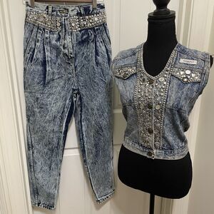 Vintage 80s Smug’s Acid Wash Denim Set Vest & Jeans Studs Rhinestone USA XS - S